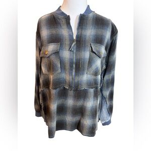 Heyson Plaid Half Zip Pullover Small – Blue‎ Distressed Pocket Shacket-Style Top